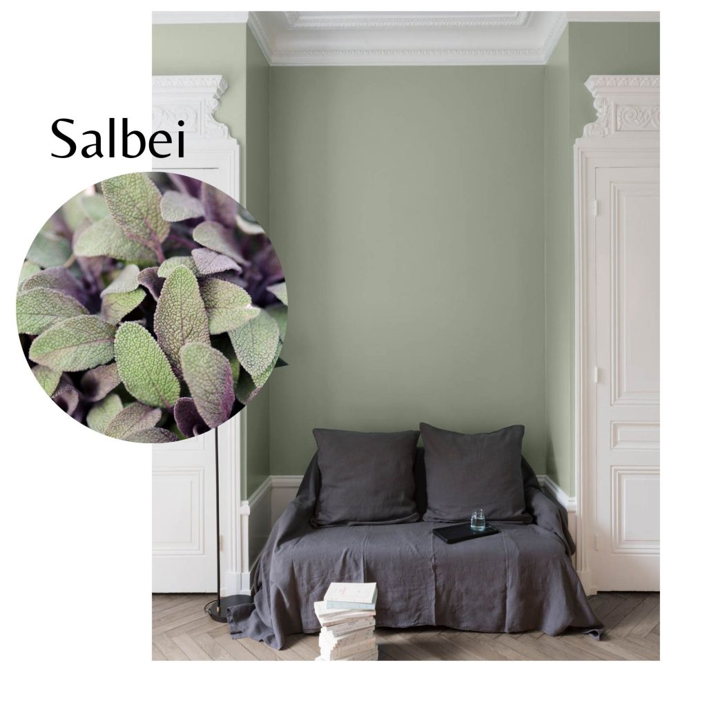 Wandfarbe Salbei mit einer grauen couch
